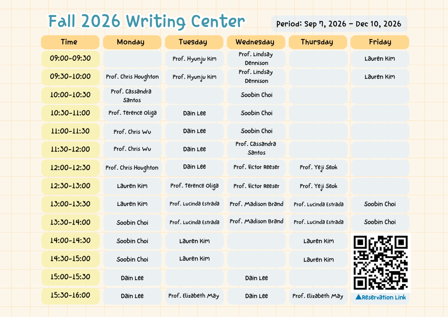 Fall 2026 Writing Center Schedule