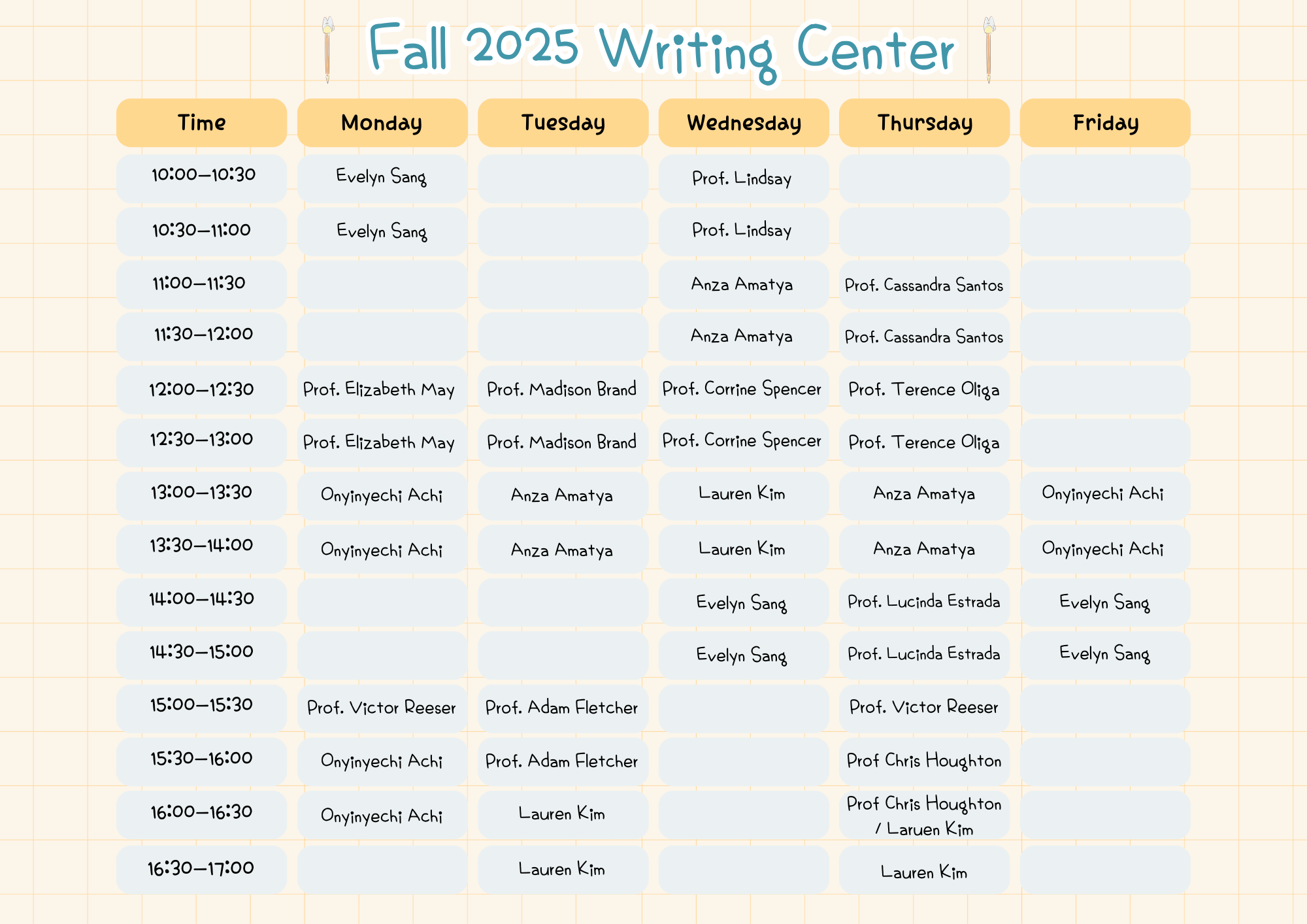 Fall 2025 Writing Center Schedule